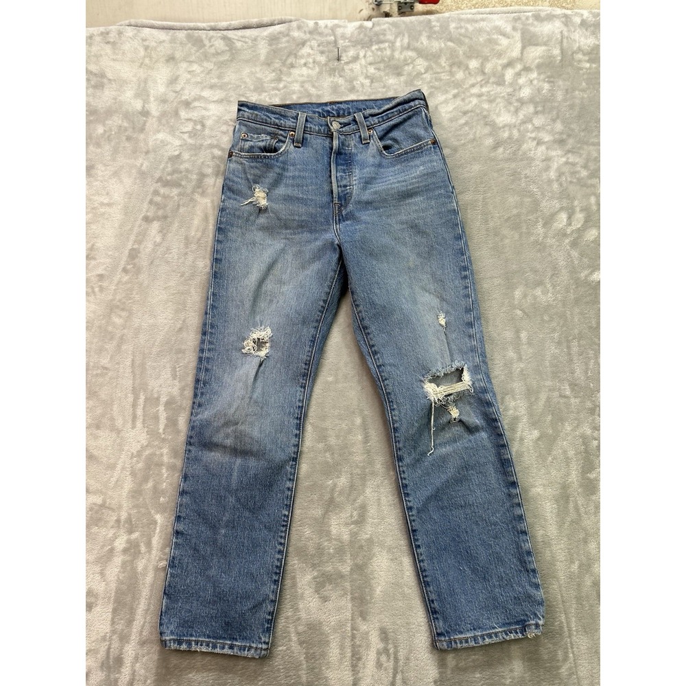 Levis 501 Jeans Womens 25x26 Distressed Blue High Rise Straight Button Fly Denim